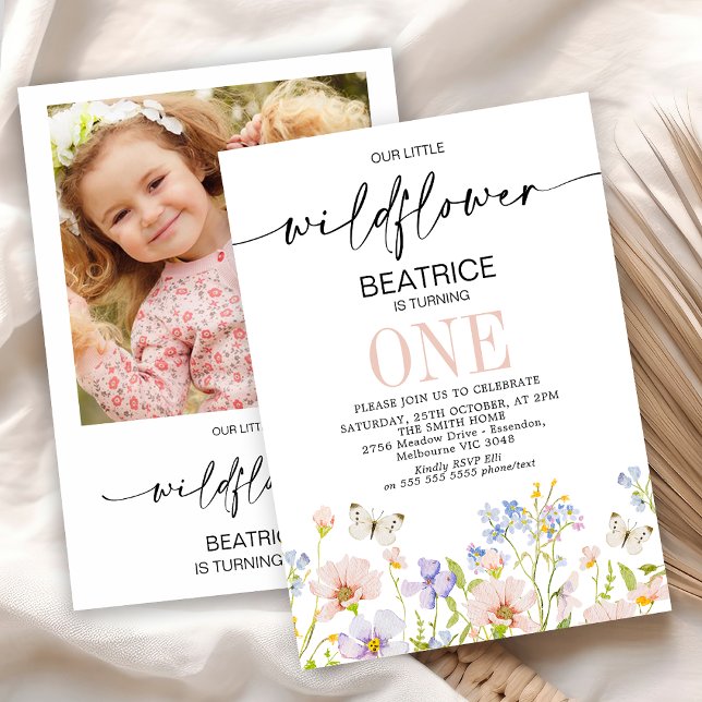 Pink Purple Photo Back Wildflower 1st Birthday Invitation (Girls Little Wildflower First Birthday Invitation with Photo, Little Wildflower 1st Birthday Invite)