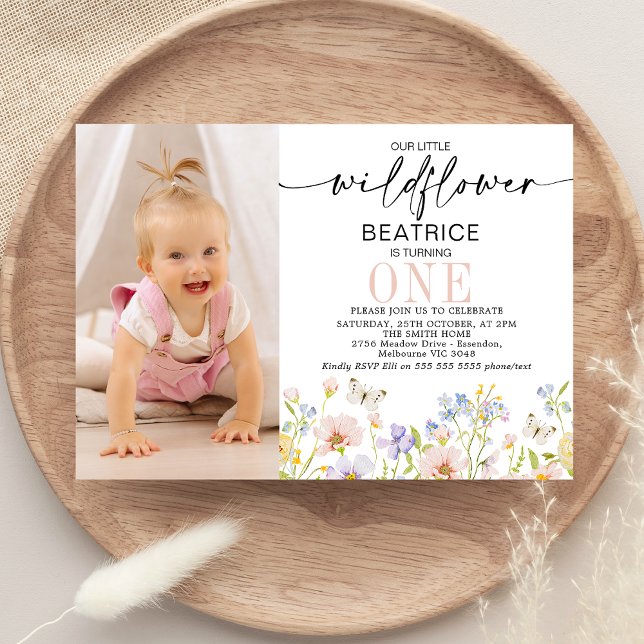Pink Purple Photo Delicate Wildflower 1st Birthday Invitation (Girls Our Little Wildflower First Birthday Invitation, Little Wildflower First Birthday Invitation)