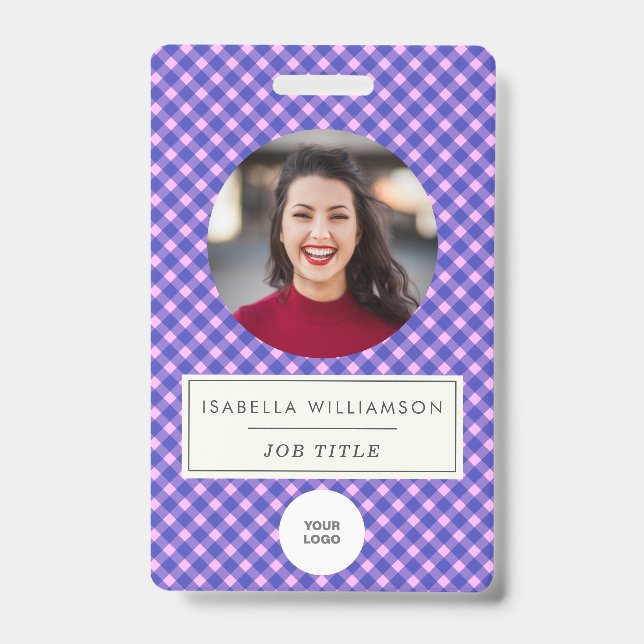 Pink Purple Plaid Employee Photo ID Corporate Badge (Front)