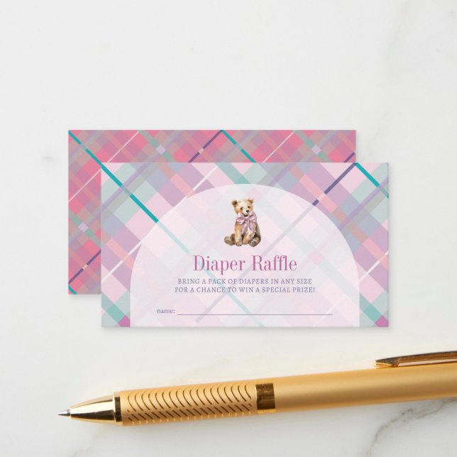 Pink Purple Plaid Teddy Bear Diaper Raffle Ticket Enclosure Card (Front/Back In Situ)