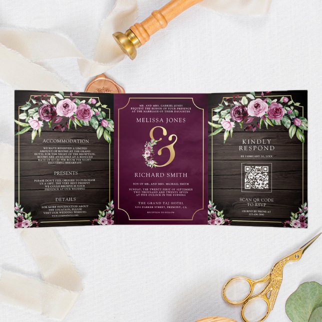Pink Purple Plum Floral Ampersand Wood QR Wedding Tri-Fold Invitation (Creator Uploaded)