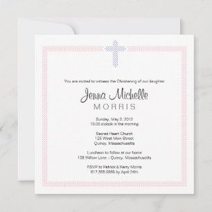 Pink Purple Polka Dot Cross   Baptism Invitation