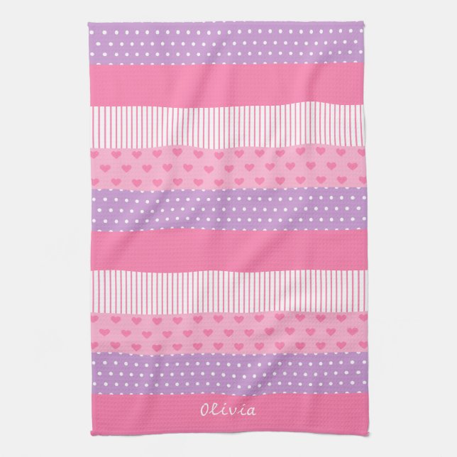 Pink Purple Polka Dots Stripes Hearts Pattern Tea Towel (Vertical)