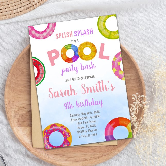 Pink & Purple Pool Birthday Invitation (Pink Purple Pool Birthday Invitations)
