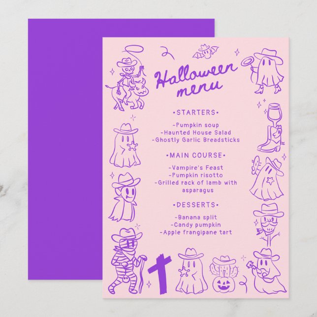 Pink Purple Quirky Hand Drawn Doodles Halloween  Menu (Front/Back)