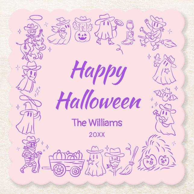 Pink Purple Quirky Hand Drawn Doodles Halloween Paper Coaster (Front)