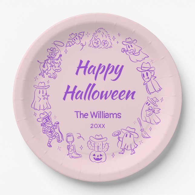 Pink Purple Quirky Hand Drawn Happy Halloween Paper Plate (Front)