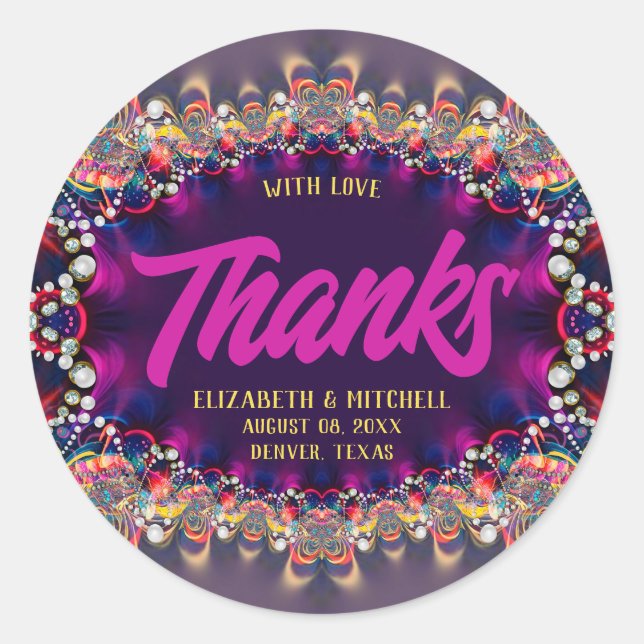 Pink Purple Rainbow Jewel Fractal Lace Thanks Classic Round Sticker (Front)