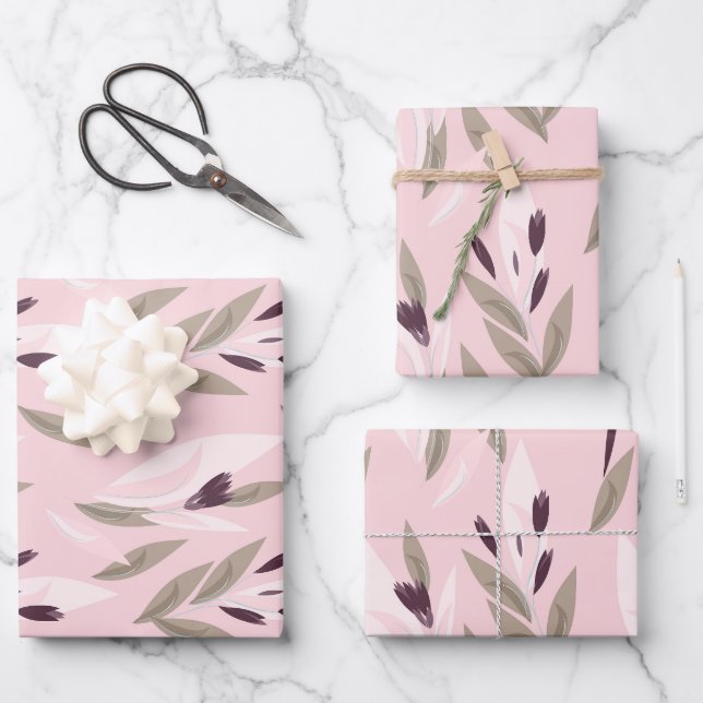 Pink purple red retro flower pattern wrapping paper sheet (Front)