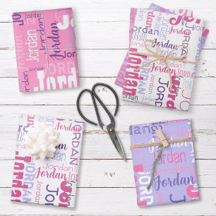 Pink Purple Repeating Name Personalised  Wrapping Paper Sheet