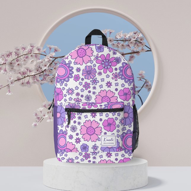 Pink & Purple Retro floral groovy Monogrammed Printed Backpack (Creator Uploaded)