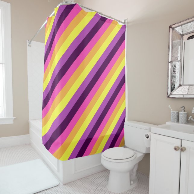 Pink Purple Retro Stripes Shower Curtain (In Situ)