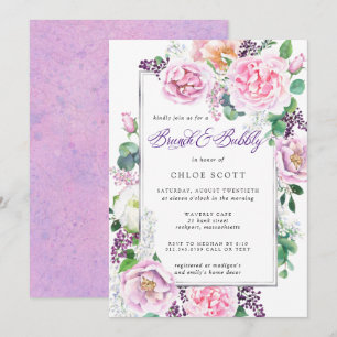 Pink Purple Rose Floral Bridal Brunch Bubbly Invitation