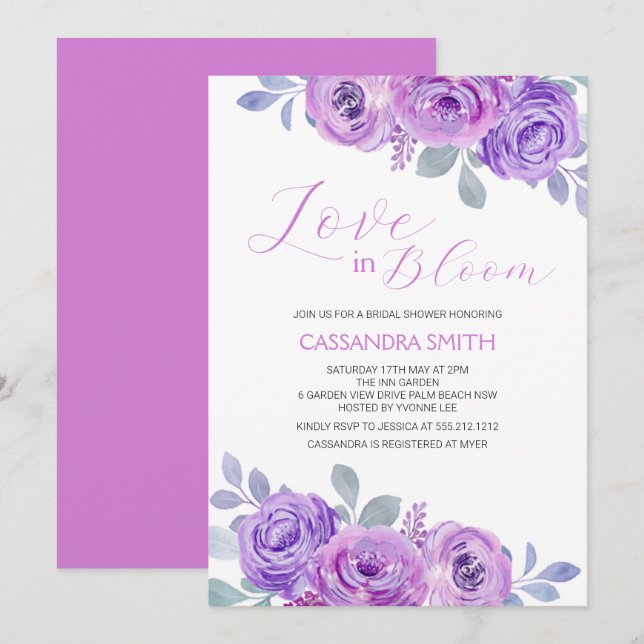 Pink Purple Rose Floral Bridal Shower Invitation (Front/Back)