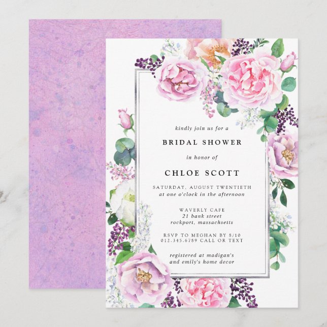 Pink Purple Rose Floral Bridal Shower Invitation (Front/Back)