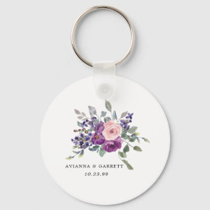 Pink Purple Rose Floral Personalised Wedding Favou Key Ring