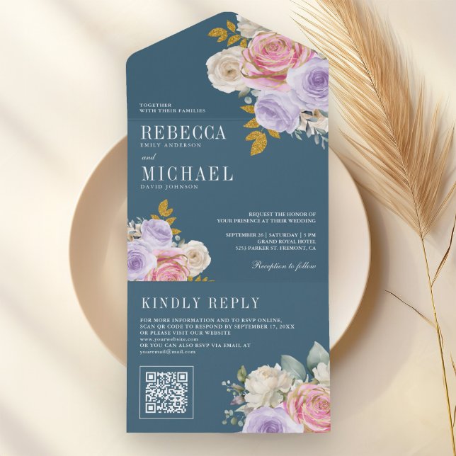 Pink Purple Rose Floral QR Code Dusty Blue Wedding All In One Invitation (Creator Uploaded)