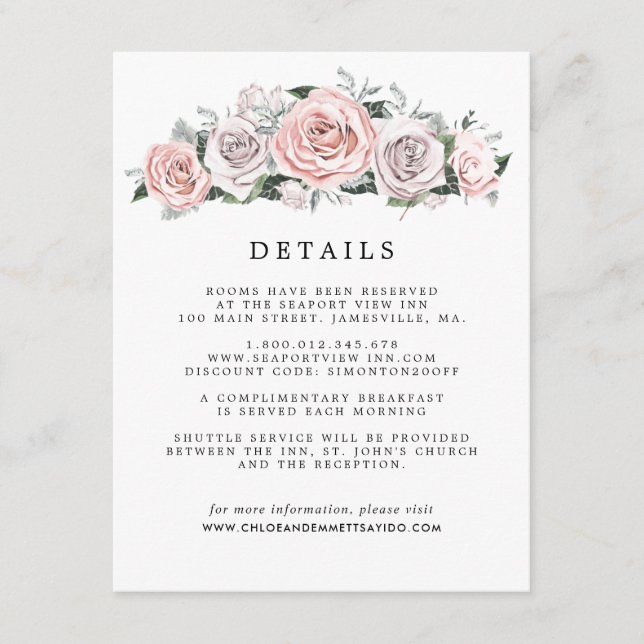 Pink Purple Rose Floral Wedding Guest Details Enclosure Card (Front)