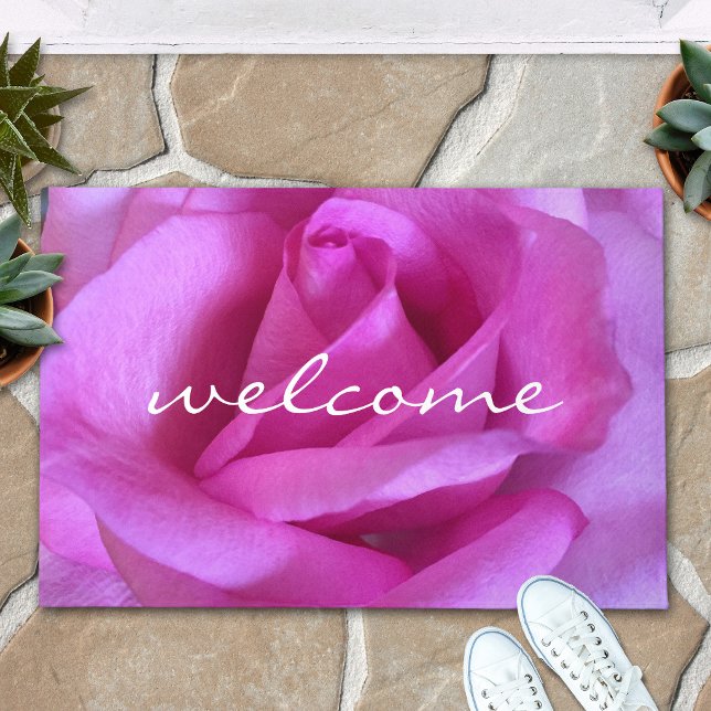 Pink Purple Rose Flower Photo Bold Welcome Script  Doormat (Creator Uploaded)