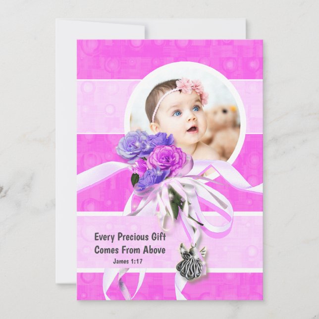 Pink purple rose flower silver angel photo invitation (Front)