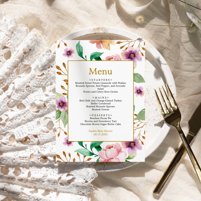 Pink & Purple Rose Flowers Baby Shower Menu (Creator Uploaded)