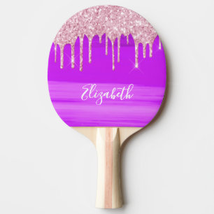Pink purple rose gold glitter drip name ping pong paddle