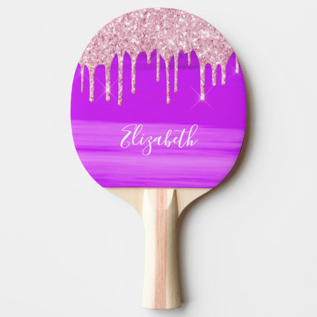 Pink purple rose gold glitter drip name ping pong paddle (Front)