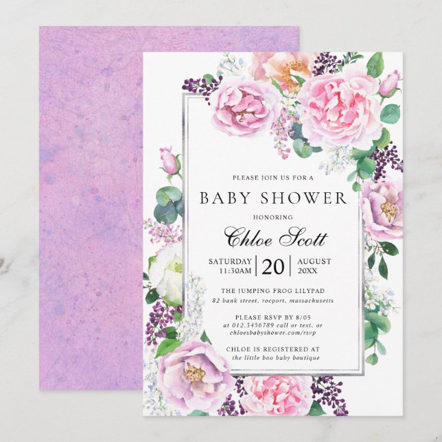 Pink Purple Rose Peony Floral Baby Shower Invitation (Front/Back)
