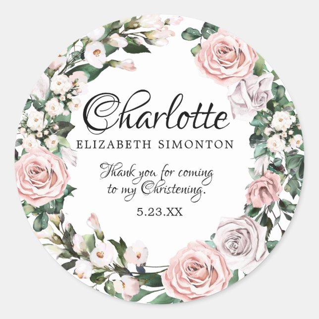 Pink Purple Rose Personalised Christening Classic Round Sticker (Front)