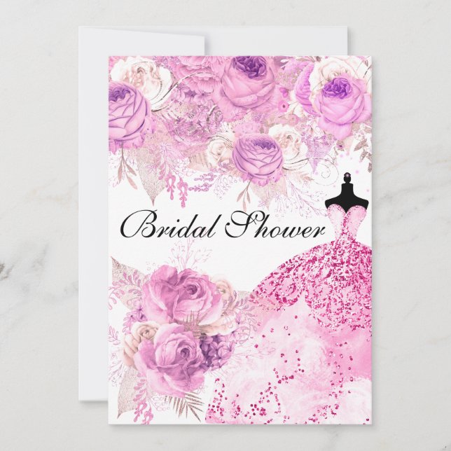 Pink & Purple Roses Dress Bridal Shower Invite (Front)