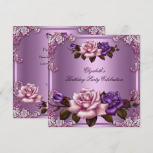Pink Purple Roses Elegant Birthday Party Invitation