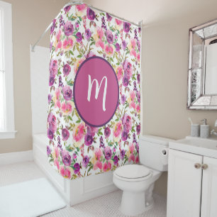 Pink Purple Roses Floral Girly Initial Monogrammed Shower Curtain