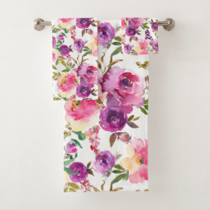 Pink Purple Roses Floral Girly Trendy Bath Towel Set
