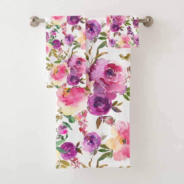  Pink Purple Roses Floral Girly Trendy Bath Towel Set (Insitu)