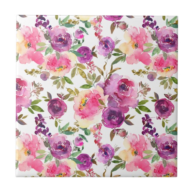  Pink Purple Roses Floral Girly Trendy Tile (Front)