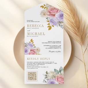 Pink Purple Roses Floral QR Code Wedding All In One Invitation