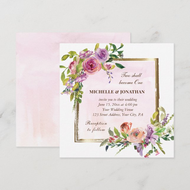Pink Purple Roses Gold Frame Christian Wedding Invitation (Front/Back)