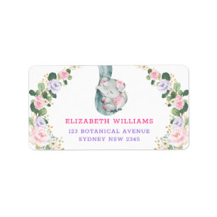 Pink Purple Roses Greenery Sleeping Baby Elephant Label