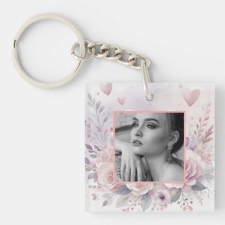 Pink purple roses hearts floral photo watercolor  key ring