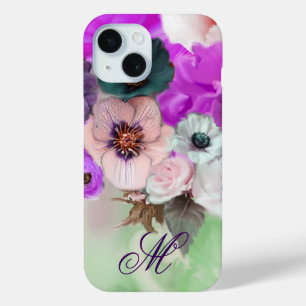 PINK PURPLE ROSES,WHITE ANEMONE FLOWERS MONOGRAM iPhone 15 CASE