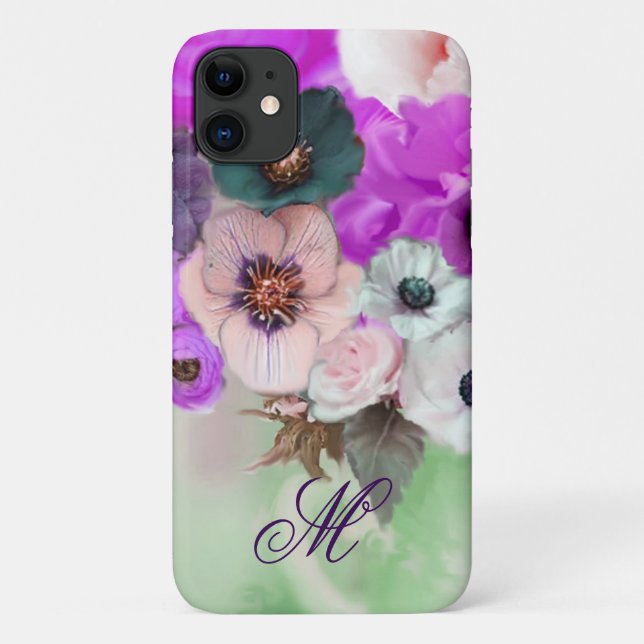 PINK PURPLE  ROSES,WHITE ANEMONE FLOWERS MONOGRAM Case-Mate iPhone CASE (Back)