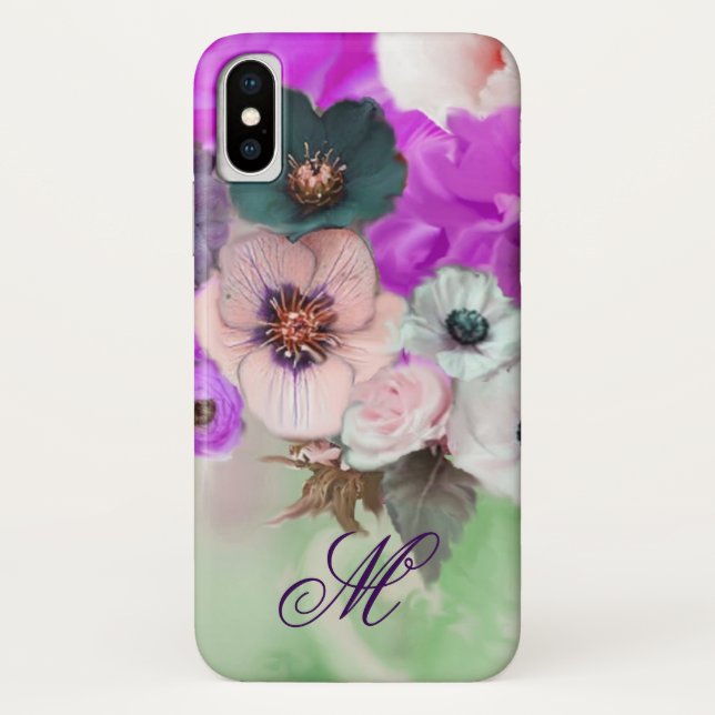 PINK PURPLE  ROSES,WHITE ANEMONE FLOWERS MONOGRAM Case-Mate iPhone CASE (Back)