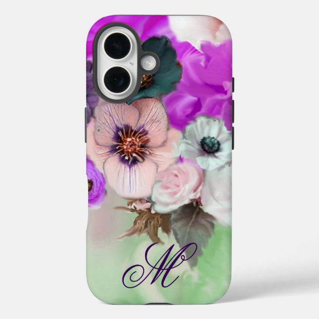 PINK PURPLE  ROSES,WHITE ANEMONE FLOWERS MONOGRAM Case-Mate iPhone CASE (Back)