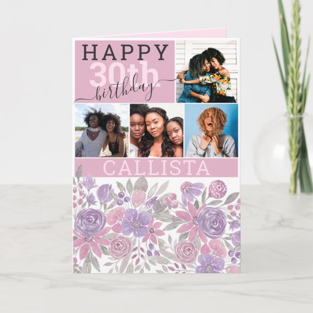 Pink Purple Sage Floral Watercolor Photo Birthday Card (Front)