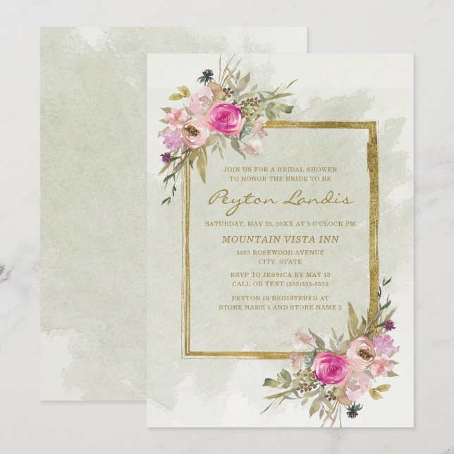Pink Purple Sage Green Leaves Gold Bridal Shower Invitation (Front/Back)