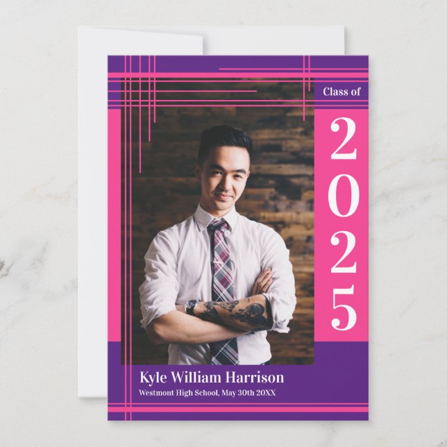 Pink Purple School Colour Graduation Photo Plaid Invitation (Front)