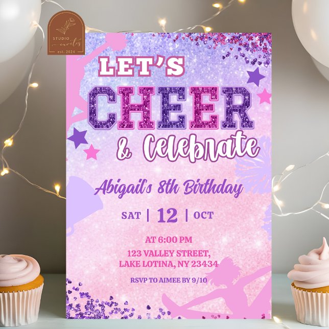 Pink Purple Sequin Cheerleader Girl Birthday  Invitation (Creator Uploaded)