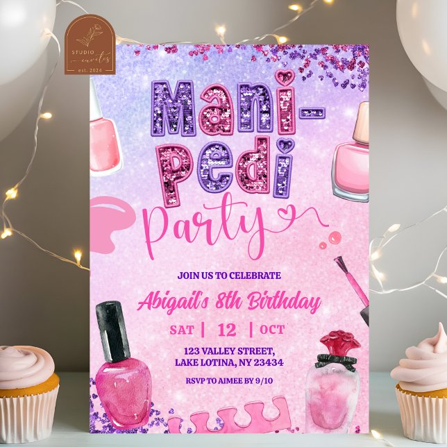 Pink Purple sequin MANI PEDI Party birthday  Invitation (Creator Uploaded)