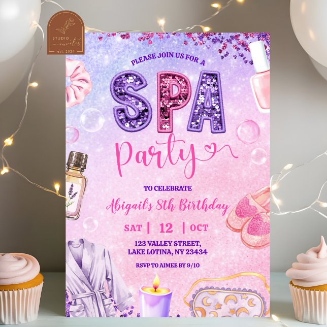 Pink Purple sequin SPA Party Birthday Invitation (Creator Uploaded)