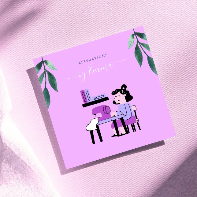 Pink Purple Sewing Machine Seamstress Illustration Square Business Card (Creator Uploaded)